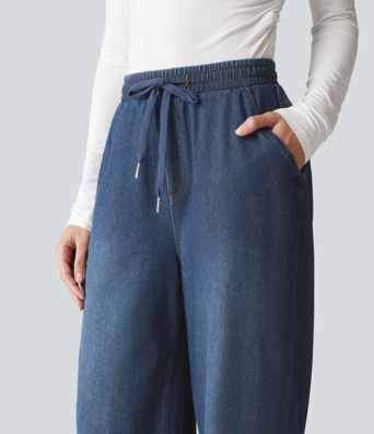 Halara Flex™ High Waisted Drawstring Wide Leg Silver Shine Casual Sweatpants Jeans with Pockets Halara Flex™ High Waisted Drawstring Wide Leg Silver Shine Casual Sweatpants Jeans with Pockets