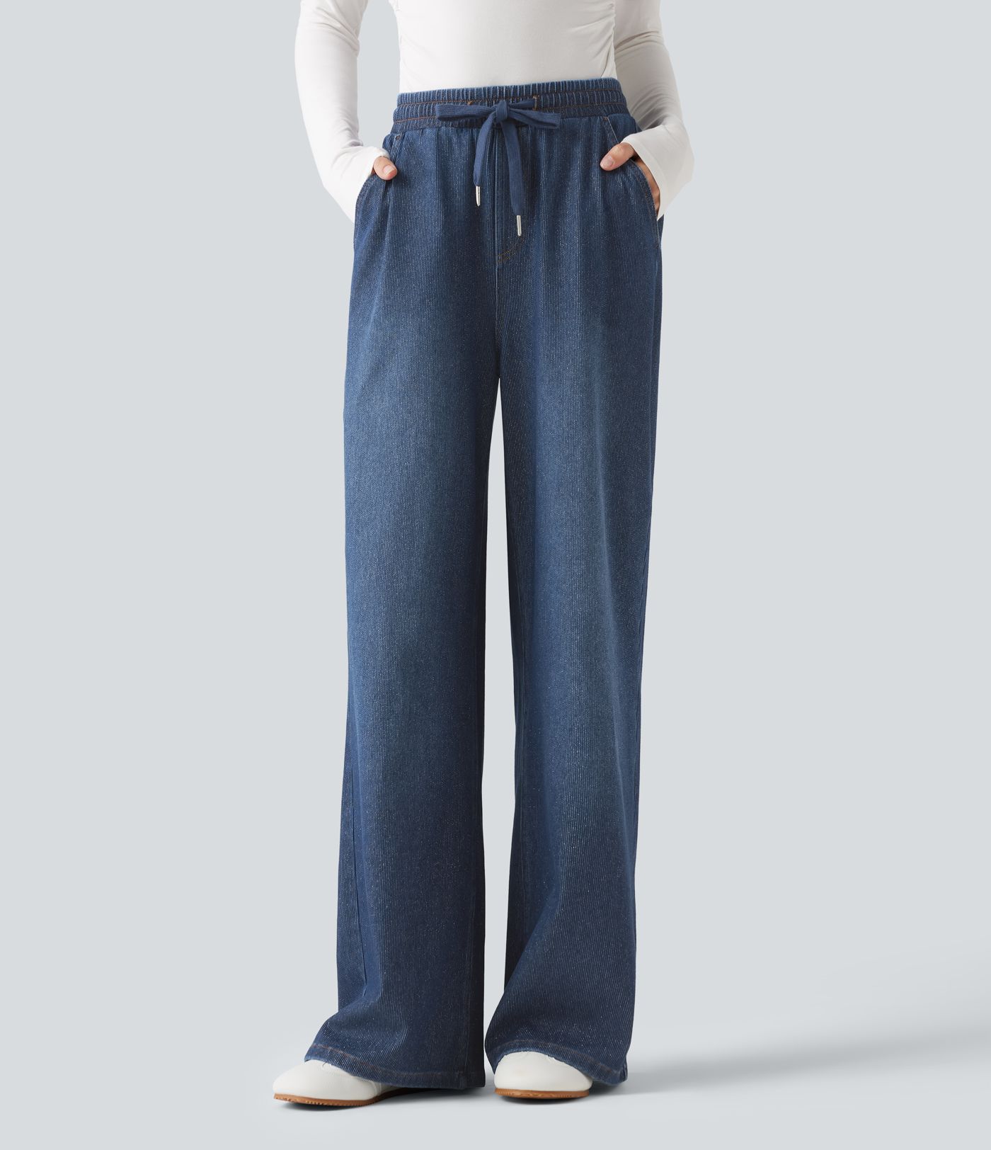 Halara Flex™ High Waisted Drawstring Wide Leg Silver Shine Casual Sweatpants Jeans with Pockets Halara Flex™ High Waisted Drawstring Wide Leg Silver Shine Casual Sweatpants Jeans with Pockets