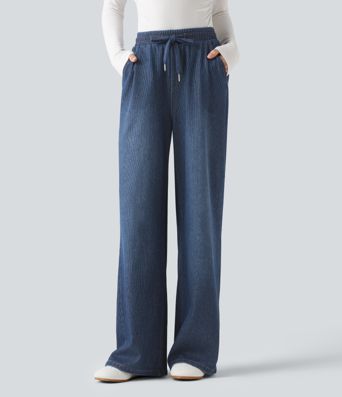 Halara Flex™ High Waisted Drawstring Wide Leg Silver Shine Casual Sweatpants Jeans with Pockets Halara Flex™ High Waisted Drawstring Wide Leg Silver Shine Casual Sweatpants Jeans with Pockets