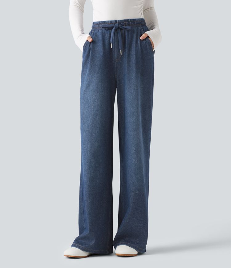 Halara Flex™ High Waisted Drawstring Wide Leg Silver Shine Casual Sweatpants Jeans with Pockets Halara Flex™ High Waisted Drawstring Wide Leg Silver Shine Casual Sweatpants Jeans with Pockets