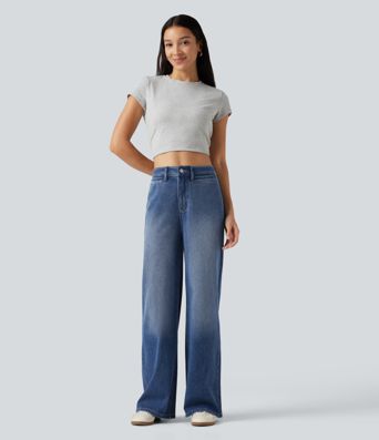 Halara Flex™ - Lässige, verwaschene Jeans mit hohem Bund, mehreren Taschen und weitem Bein