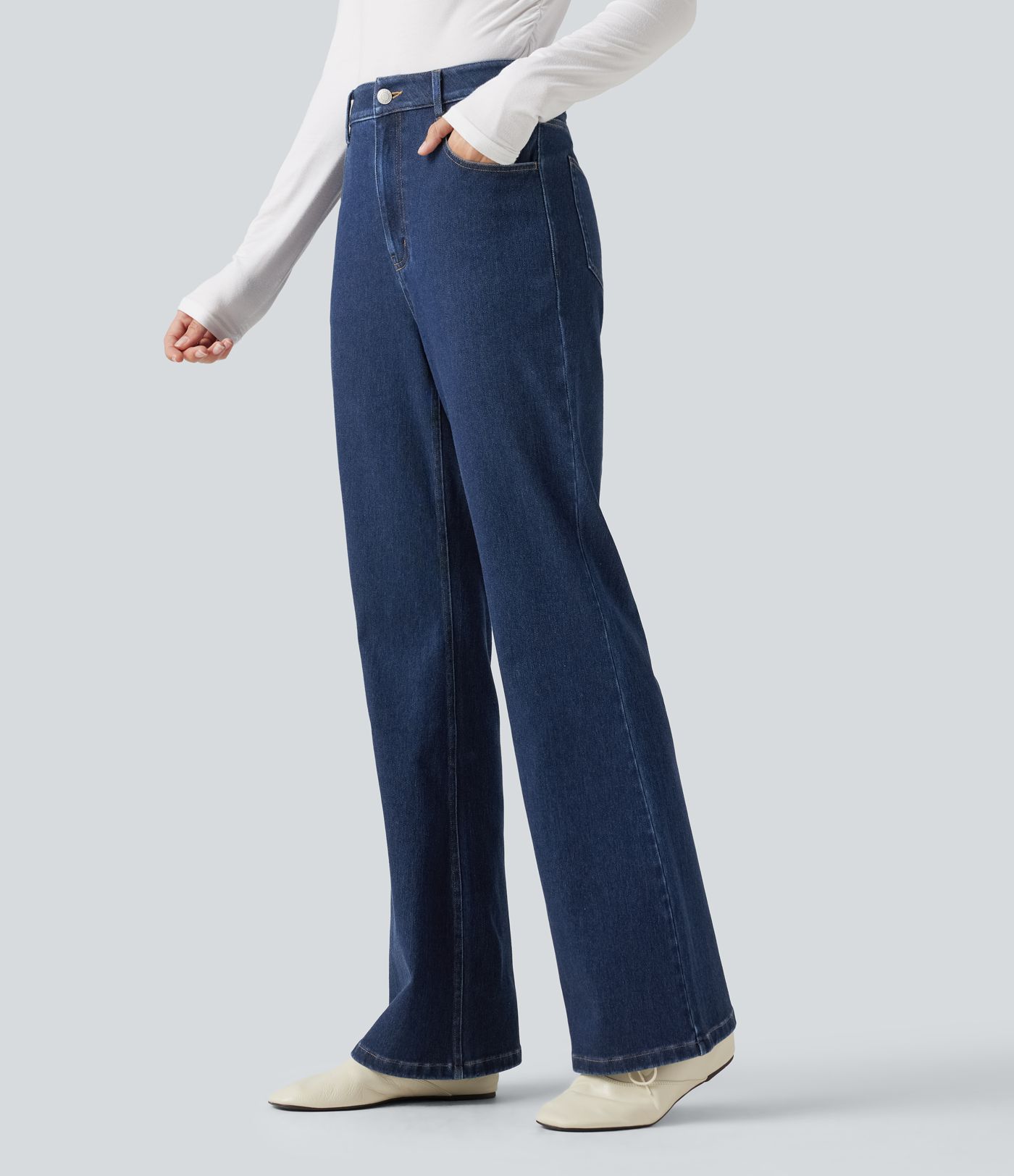 Halara Flex™ Jeans évasés à taille haute, style décontracté, avec poches Halara Flex™ Jeans évasés à taille haute, style décontracté, avec poches
