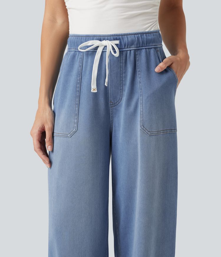 Halara Flex™ Mid Rise Drawstring Barrel Leg Casual Jeans with Pockets Halara Flex™ Mid Rise Drawstring Barrel Leg Casual Jeans with Pockets
