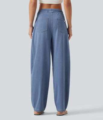 Halara Flex™ Mid Rise Drawstring Barrel Leg Casual Jeans with Pockets Halara Flex™ Mid Rise Drawstring Barrel Leg Casual Jeans with Pockets
