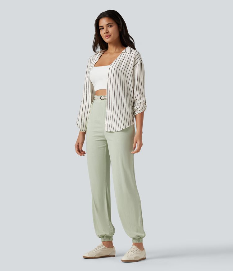 High Waisted Casual Stretch Linen Joggers with Pockets High Waisted Casual Stretch Linen Joggers with Pockets