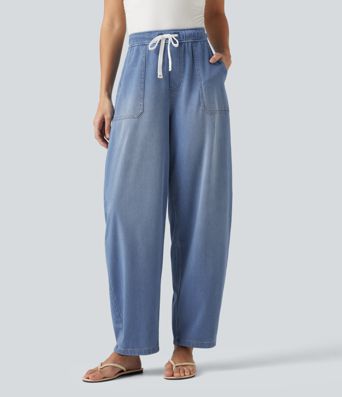 Halara Flex™ Mid Rise Drawstring Barrel Leg Casual Jeans with Pockets Halara Flex™ Mid Rise Drawstring Barrel Leg Casual Jeans with Pockets