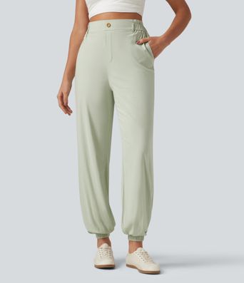 High Waisted Casual Stretch Linen Joggers with Pockets
