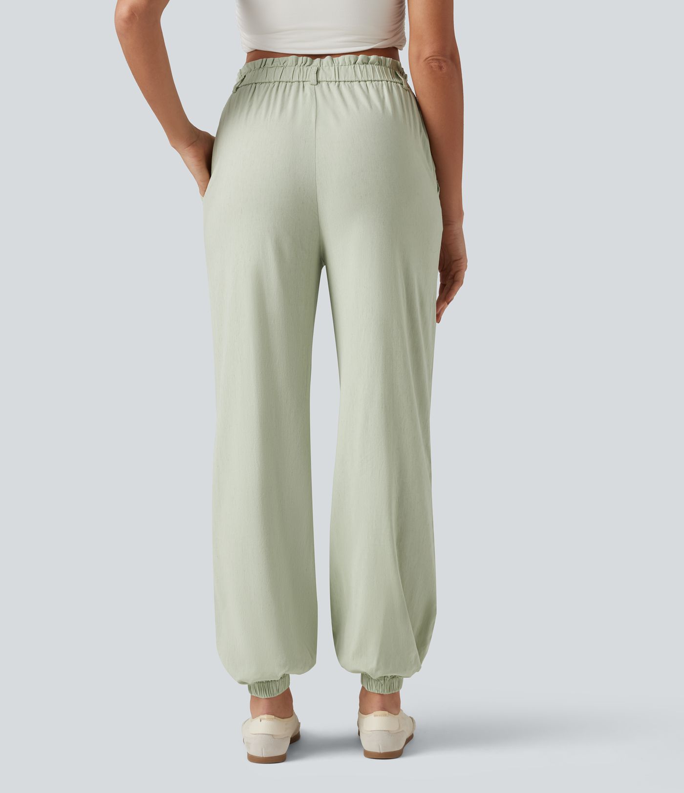High Waisted Casual Stretch Linen Joggers with Pockets High Waisted Casual Stretch Linen Joggers with Pockets