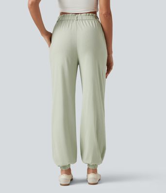 High Waisted Casual Stretch Linen Joggers with Pockets High Waisted Casual Stretch Linen Joggers with Pockets