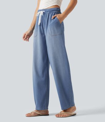 Halara Flex™ Mid Rise Drawstring Barrel Leg Casual Jeans with Pockets Halara Flex™ Mid Rise Drawstring Barrel Leg Casual Jeans with Pockets