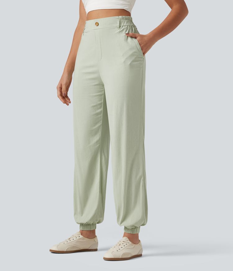 High Waisted Casual Stretch Linen Joggers with Pockets High Waisted Casual Stretch Linen Joggers with Pockets