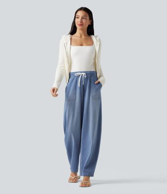Halara Flex™ Mid Rise Drawstring Barrel Leg Casual Jeans with Pockets Halara Flex™ Mid Rise Drawstring Barrel Leg Casual Jeans with Pockets
