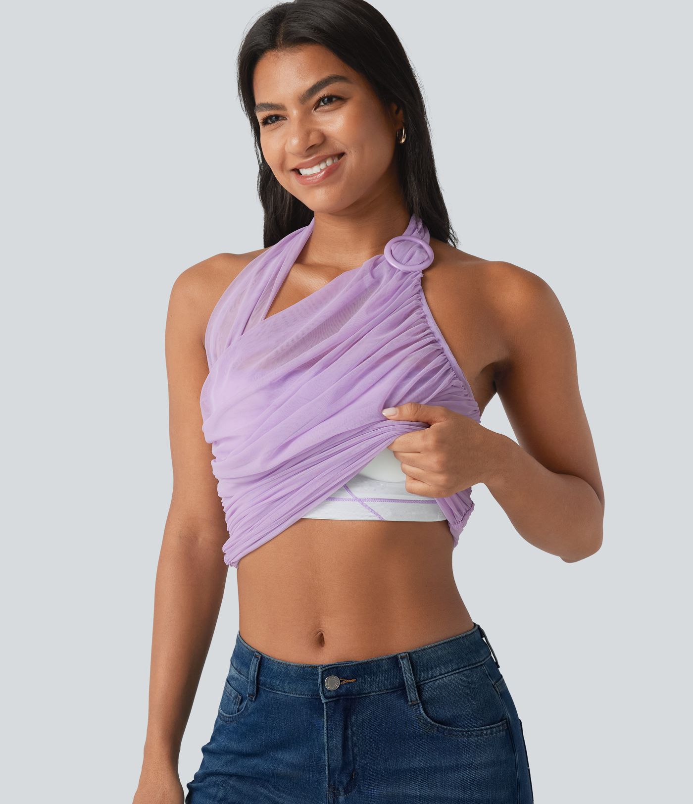 Halter Backless Ruched Mesh Overlay Built-in Bra Resort Tank Top