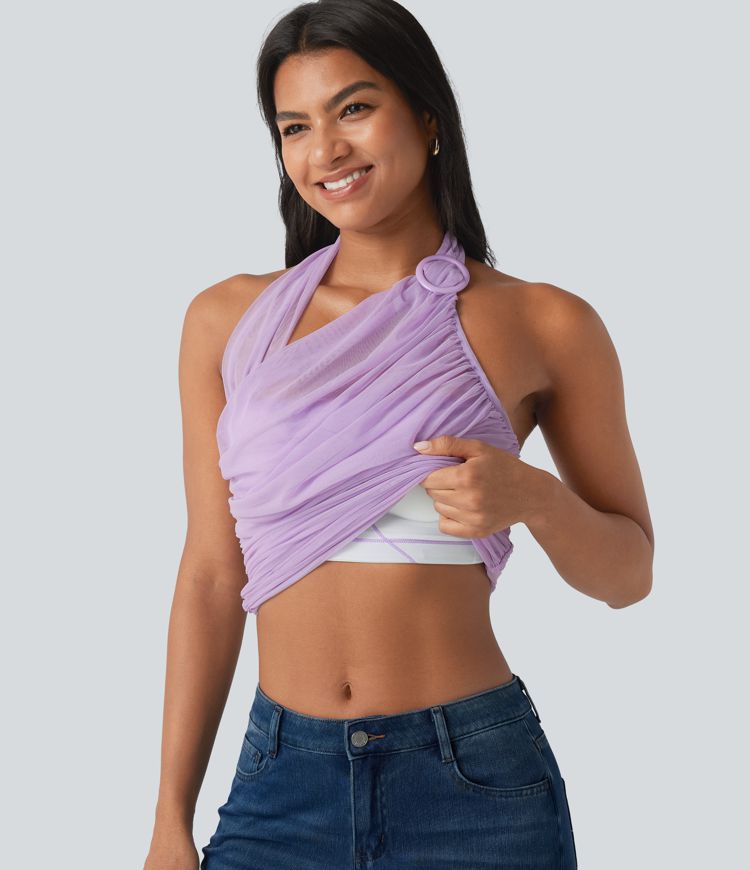 Halter Backless Ruched Mesh Overlay Built-in Bra Resort Tank Top