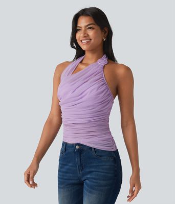 Halter Backless Ruched Mesh Overlay Built-in Bra Resort Tank Top