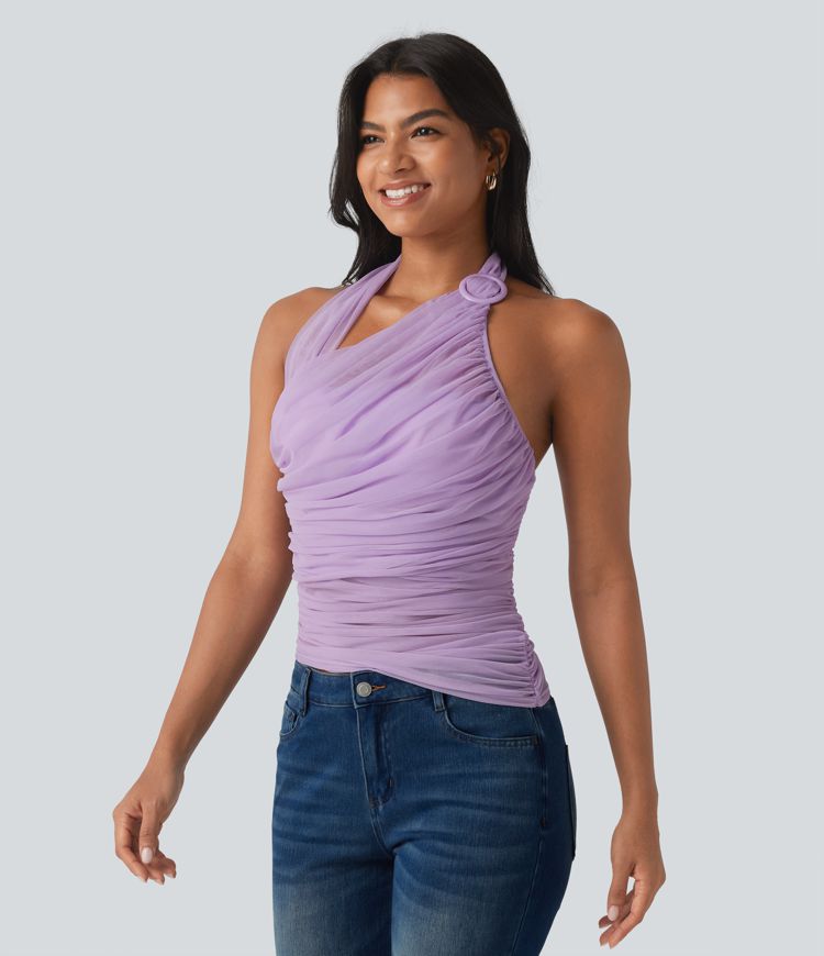 Halter Backless Ruched Mesh Overlay Built-in Bra Resort Tank Top