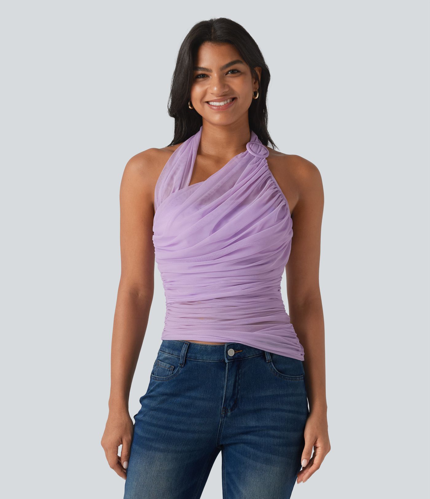 Halter Backless Ruched Mesh Overlay Built-in Bra Resort Tank Top