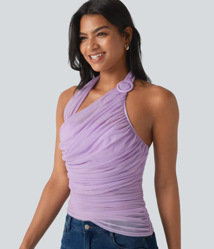 Milky Purple Rückenfreies, gerafftes Tanktop mit Neckholder, integriertem BH und Kontrast-Mesh / 1