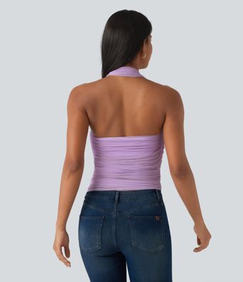 Halter Backless Ruched Mesh Overlay Built-in Bra Resort Tank Top