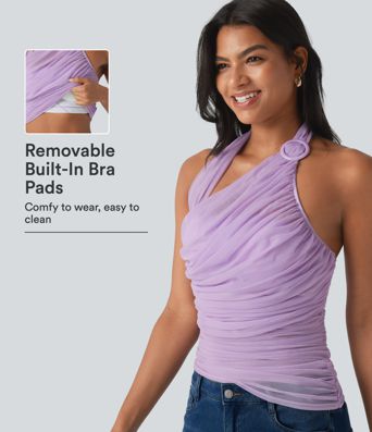 Halter Backless Ruched Mesh Overlay Built-in Bra Resort Tank Top