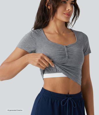 Diamond Collar Built-in Bra Short Sleeve Ruched Curved Hem Yoga Sports Top