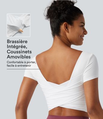 Haut yoga crop SoftlyZero™ séchage rapide Quick Dry à col diamant, manches courtes, mesh et coussinets amovibles Haut yoga crop SoftlyZero™ séchage rapide Quick Dry à col diamant, manches courtes, mesh et coussinets amovibles