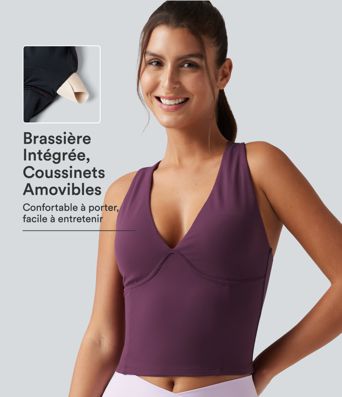 Débardeur de yoga SoftlyZero™ à col V, bretelles croisées, coussinets amovibles et protection solaire UPF 50+
