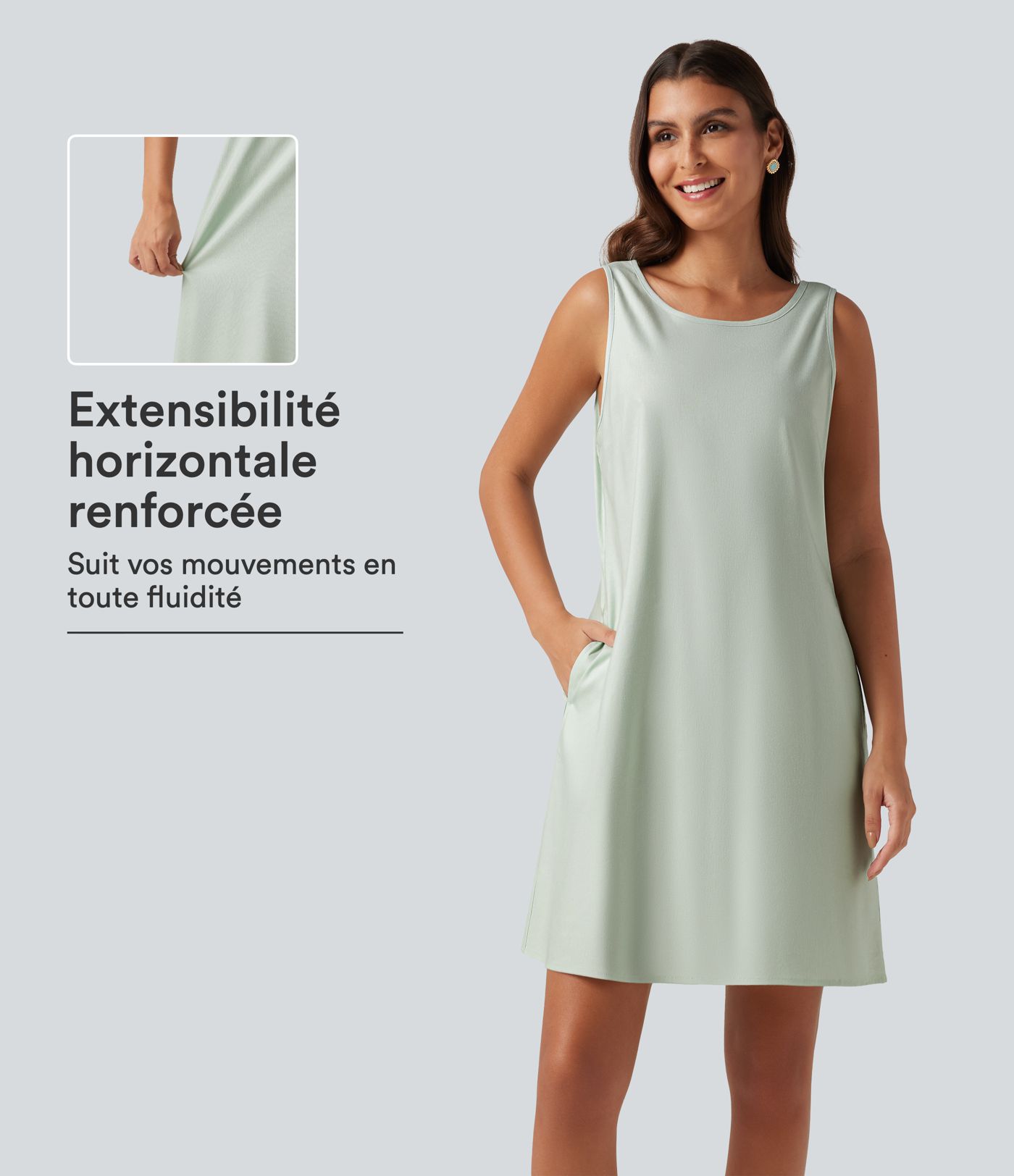 Robe mini sans manches en coton et lin à col rond avec poches Robe mini sans manches en coton et lin à col rond avec poches