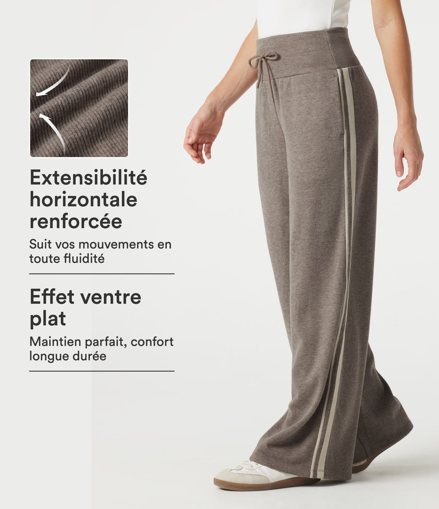 Pantalon baggy côtelé taille haute gainant avec cordon ajustable, bandes latérales et poches