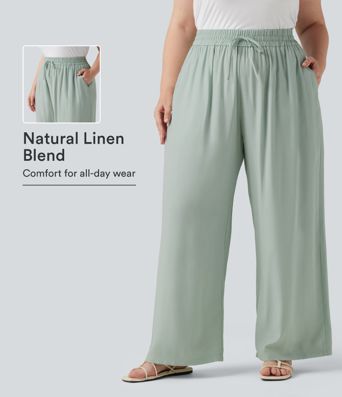 Plus Size High Waisted Drawstring Wide Leg Casual Linen-Blend Pants with Pockets Plus Size High Waisted Drawstring Wide Leg Casual Linen-Blend Pants with Pockets