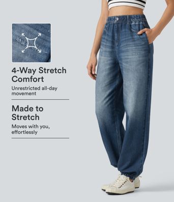 High Waisted Denim Print French Terry Casual Joggers with Pockets High Waisted Denim Print French Terry Casual Joggers with Pockets