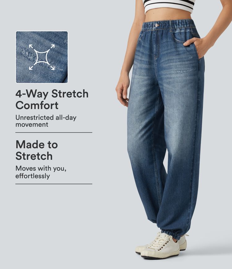 High Waisted Denim Print French Terry Casual Joggers with Pockets High Waisted Denim Print French Terry Casual Joggers with Pockets