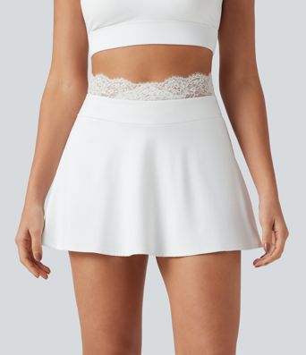SoftlyZero™ Airy High Waisted Contrast Lace 2-in-1 InstantCool Mini Tennis Skirt with Pockets-UPF50+