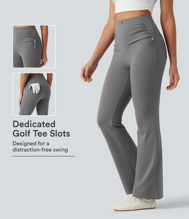 High Waisted Ruched Flare Golf Pants with Pockets-Golf Tee High Waisted Ruched Flare Golf Pants with Pockets-Golf Tee