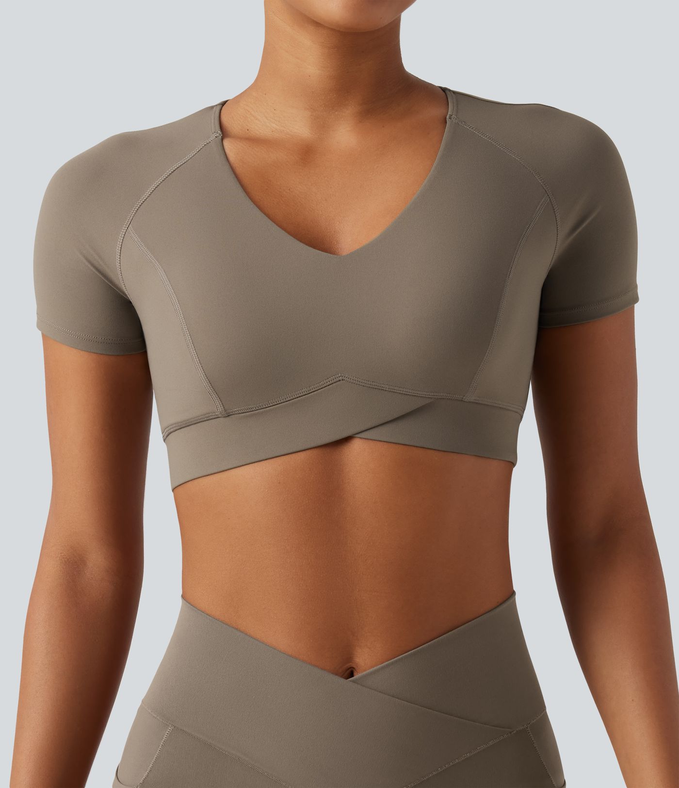 Halara UltraSculpt™ V Neck Built-in Bra Short Sleeve Crossover Hem Cropped Workout Sports Top
