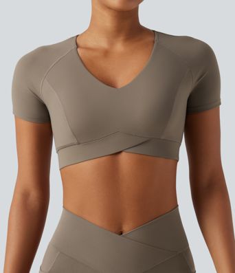 Halara UltraSculpt™ V Neck Built-in Bra Short Sleeve Crossover Hem Cropped Workout Sports Top