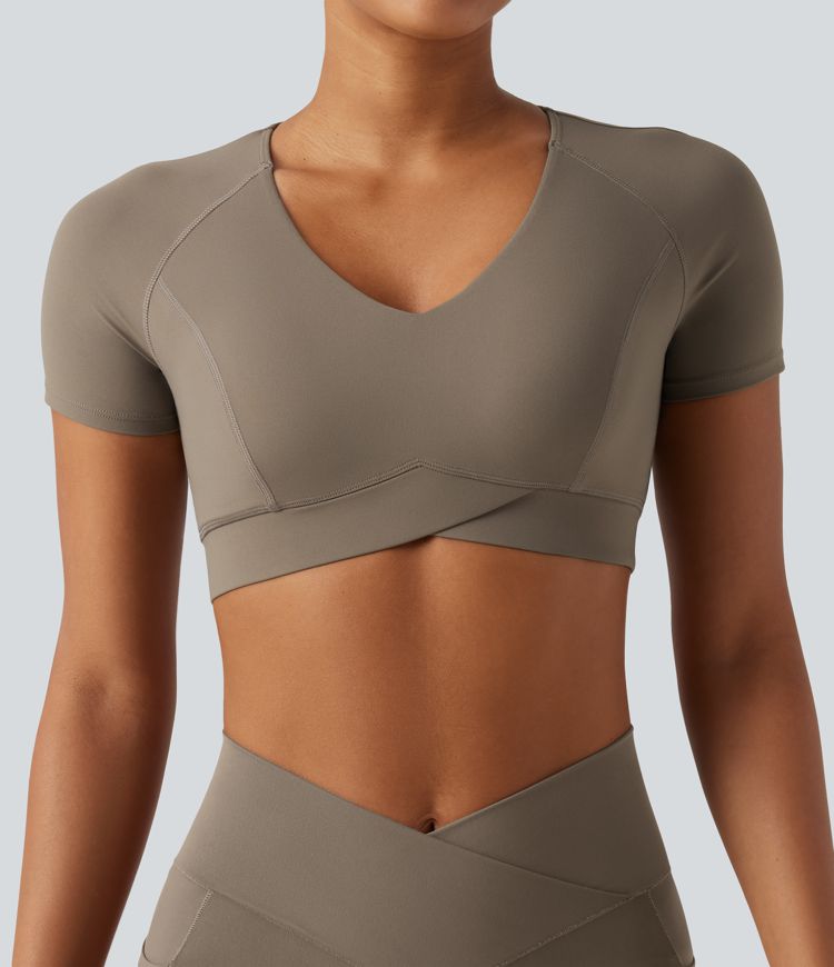 Halara UltraSculpt™ V Neck Built-in Bra Short Sleeve Crossover Hem Cropped Workout Sports Top