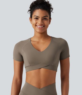 Halara UltraSculpt™ - Verkürztes Sport-Top mit V-Ausschnitt, langen Ärmeln, integriertem BH und überkreuztem Saum