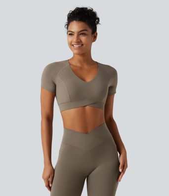Halara UltraSculpt™ V Neck Built-in Bra Short Sleeve Crossover Hem Cropped Workout Sports Top