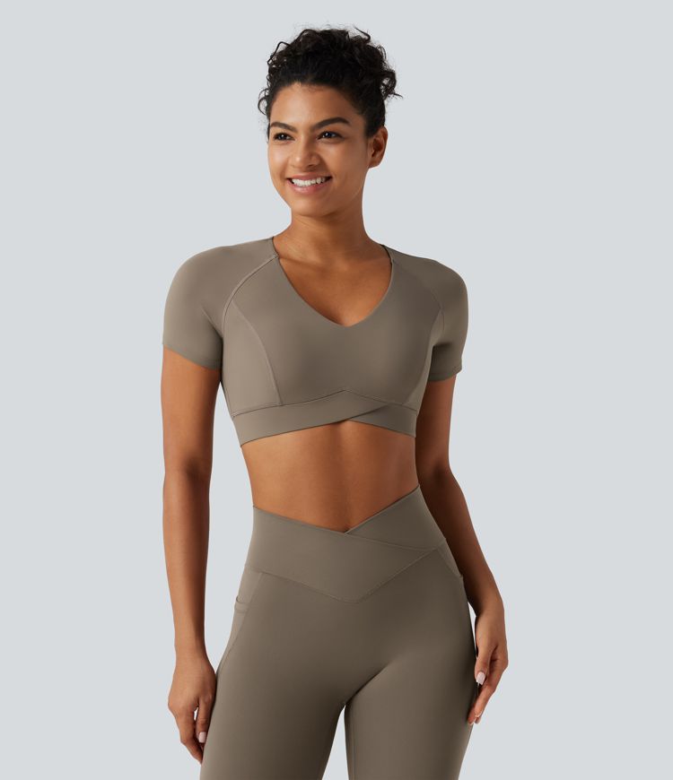 Halara UltraSculpt™ V Neck Built-in Bra Short Sleeve Crossover Hem Cropped Workout Sports Top