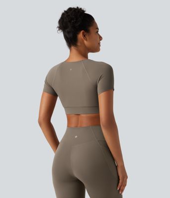 Halara UltraSculpt™ V Neck Built-in Bra Short Sleeve Crossover Hem Cropped Workout Sports Top