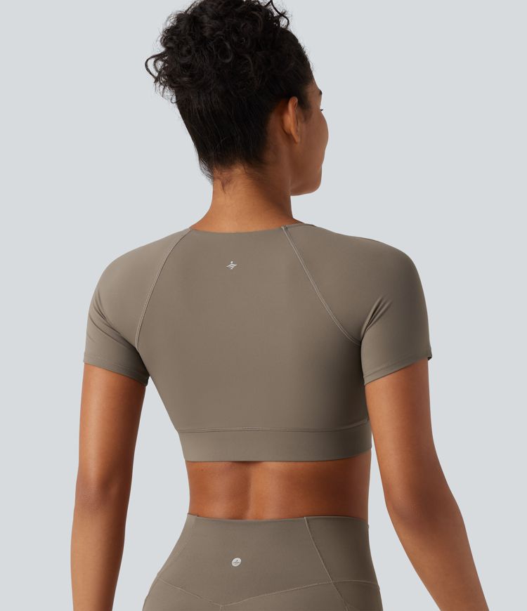 Halara UltraSculpt™ V Neck Built-in Bra Short Sleeve Crossover Hem Cropped Workout Sports Top