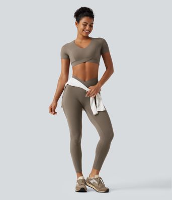 Halara UltraSculpt™ V Neck Built-in Bra Short Sleeve Crossover Hem Cropped Workout Sports Top
