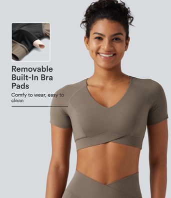Halara UltraSculpt™ V Neck Built-in Bra Short Sleeve Crossover Hem Cropped Workout Sports Top