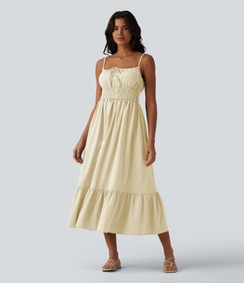 Robe nuisette mi-longue fluide à nouer devant, effet lin, décontractée Robe nuisette mi-longue fluide à nouer devant, effet lin, décontractée