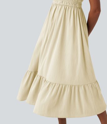 Robe nuisette mi-longue fluide à nouer devant, effet lin, décontractée Robe nuisette mi-longue fluide à nouer devant, effet lin, décontractée