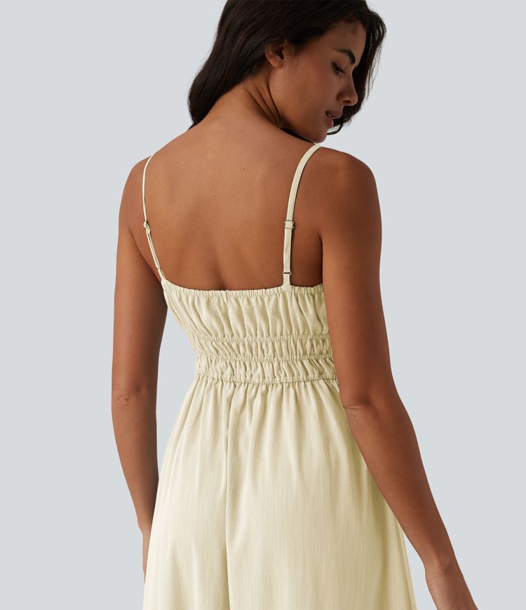 Robe nuisette mi-longue fluide à nouer devant, effet lin, décontractée Robe nuisette mi-longue fluide à nouer devant, effet lin, décontractée