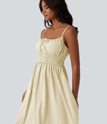Robe nuisette mi-longue fluide à nouer devant, effet lin, décontractée Robe nuisette mi-longue fluide à nouer devant, effet lin, décontractée