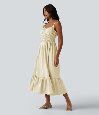 Robe nuisette mi-longue fluide à nouer devant, effet lin, décontractée Robe nuisette mi-longue fluide à nouer devant, effet lin, décontractée