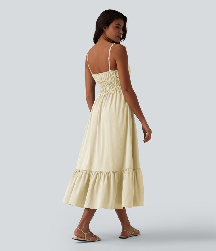 Robe nuisette mi-longue fluide à nouer devant, effet lin, décontractée Robe nuisette mi-longue fluide à nouer devant, effet lin, décontractée